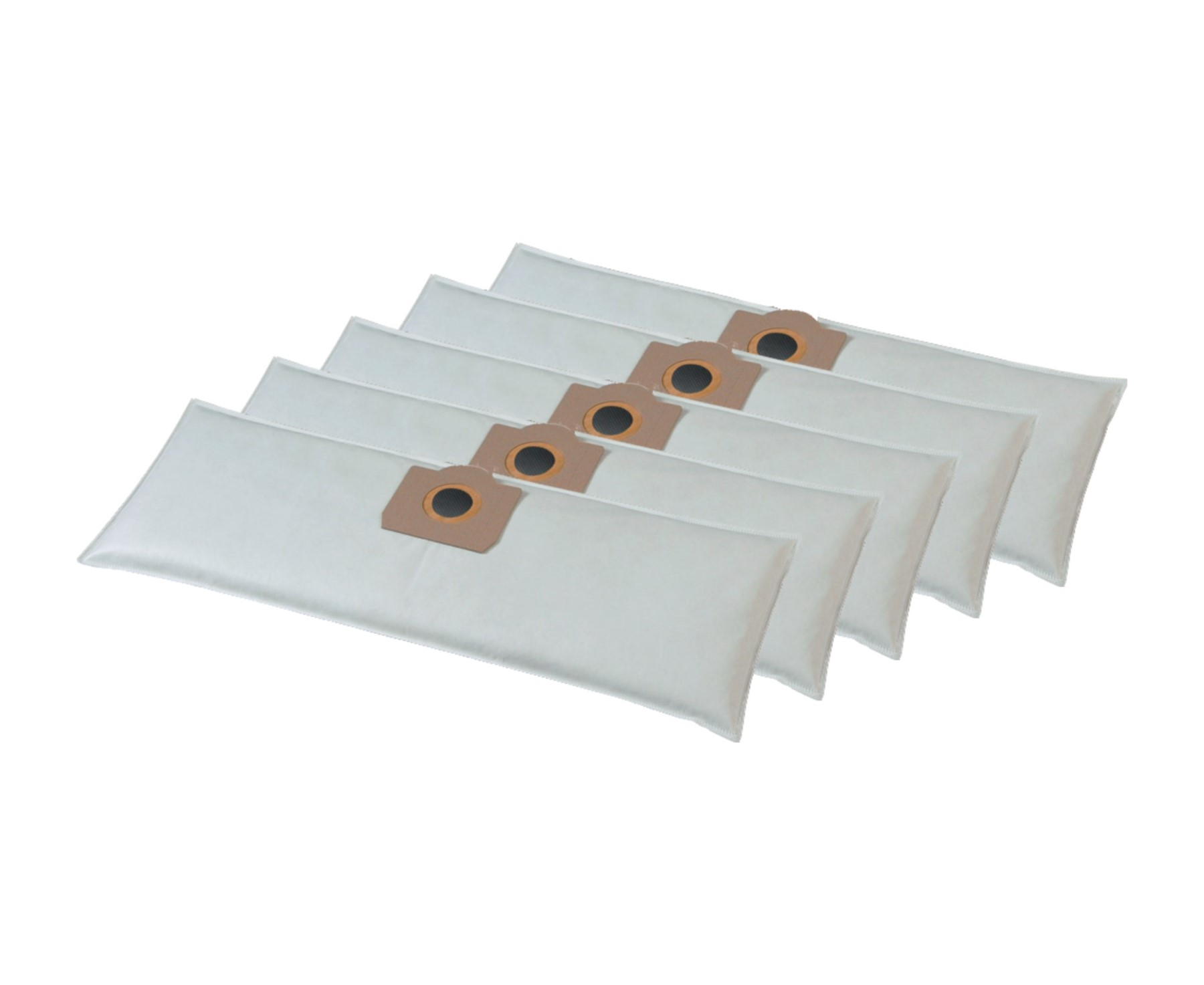 Fünf weiße Staubsaugerbeutel mit braunen Papieröffnungen. In einer Reihe auf weißem Hintergrund angeordnet.