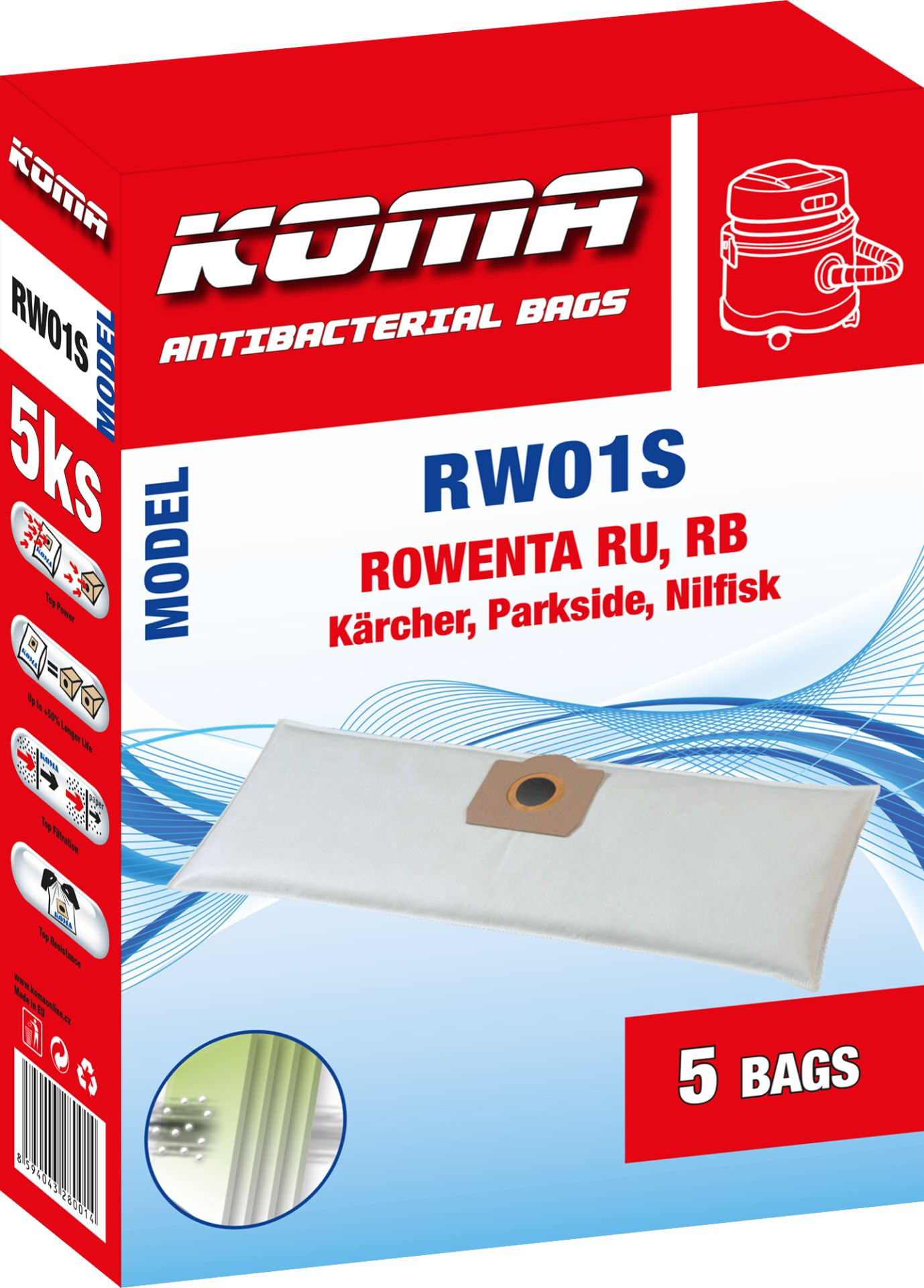 Eine rot-weiße Staubsaugerbeutelbox mit Text. Ein Beutel wird vor der Box gezeigt. Die Marke ist KOMA.
