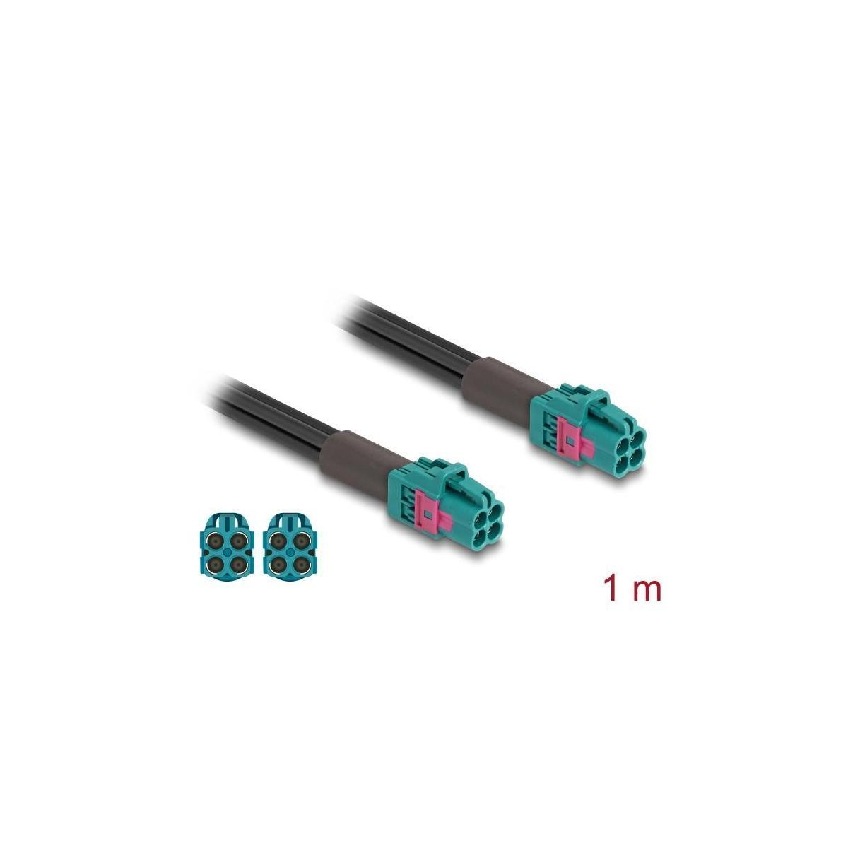 Zwei schwarze Stecker mit grünen und rosa Details. Weißer Hintergrund, Produktetikett und Text.