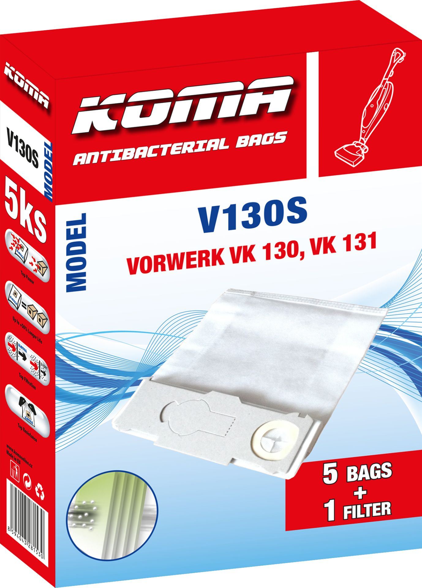 Staubsaugerbeutel in einer Box. Text: Antibakterielle Beutel, Vorwerk VK 130, VK 131.
