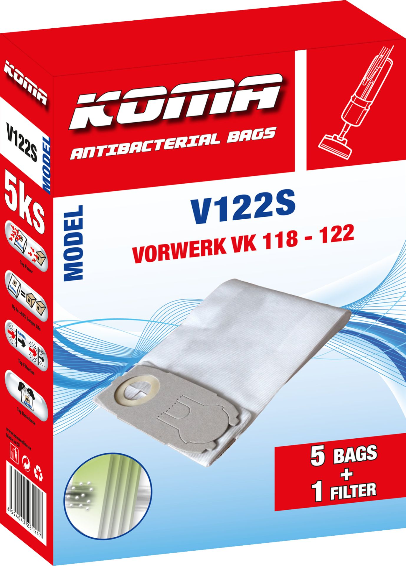 Karton mit Staubsaugerbeuteln mit Text und Bild.