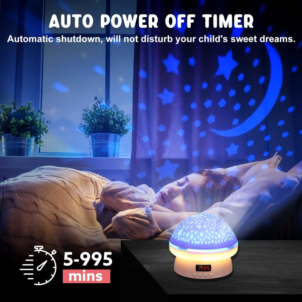 Ein Kind schläft in einem Raum mit einem Sternennachtlichtprojektor. Text: Automatische Abschaltuhr.