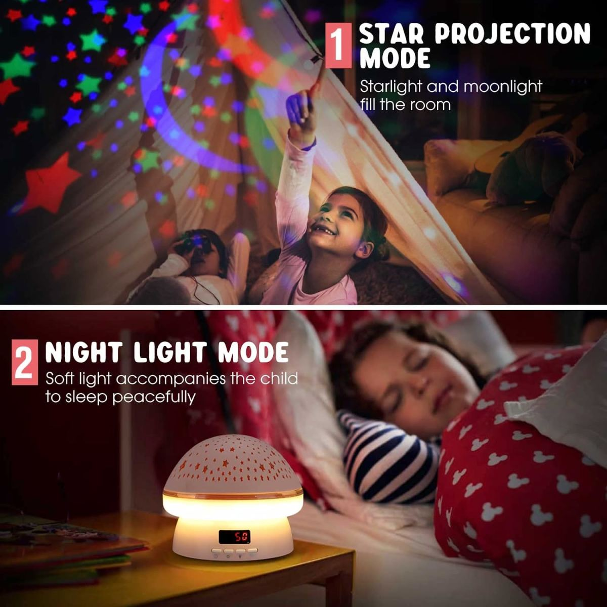 Kinder in einem Zelt mit Sternenprojektion und einem Nachtlicht, die Modi veranschaulichen.