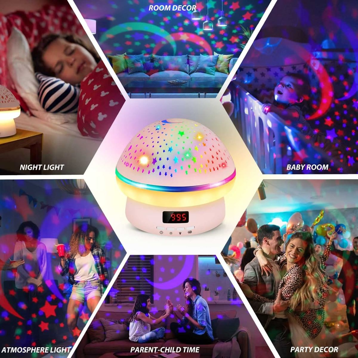 Ein Sternenprojektor beleuchtet einen Raum. Gezeigt werden: Nachtlicht, Babyzimmer, Atmosphärenlicht, Eltern-Kind-Zeit.