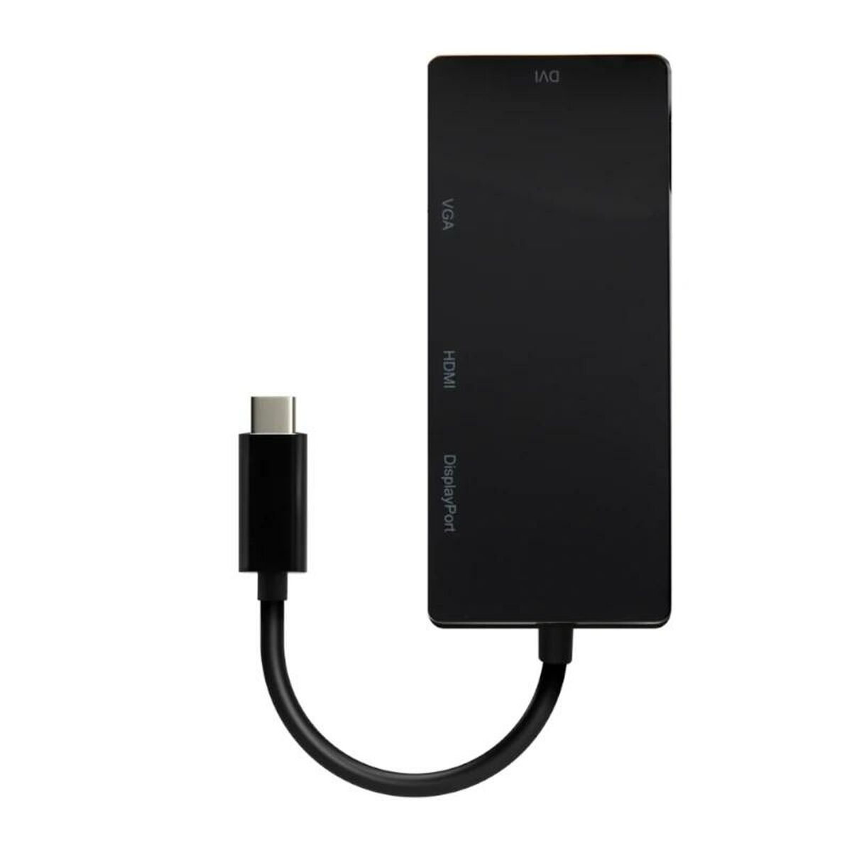 Adaptador negro con varios puertos: DisplayPort, HDMI, VGA y DVI. Conectado un cable USB-C.