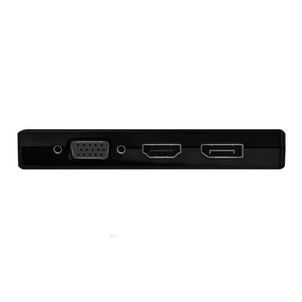 Un dispositivo negro con varios puertos: VGA, serie, HDMI y DVI. Fondo blanco.
