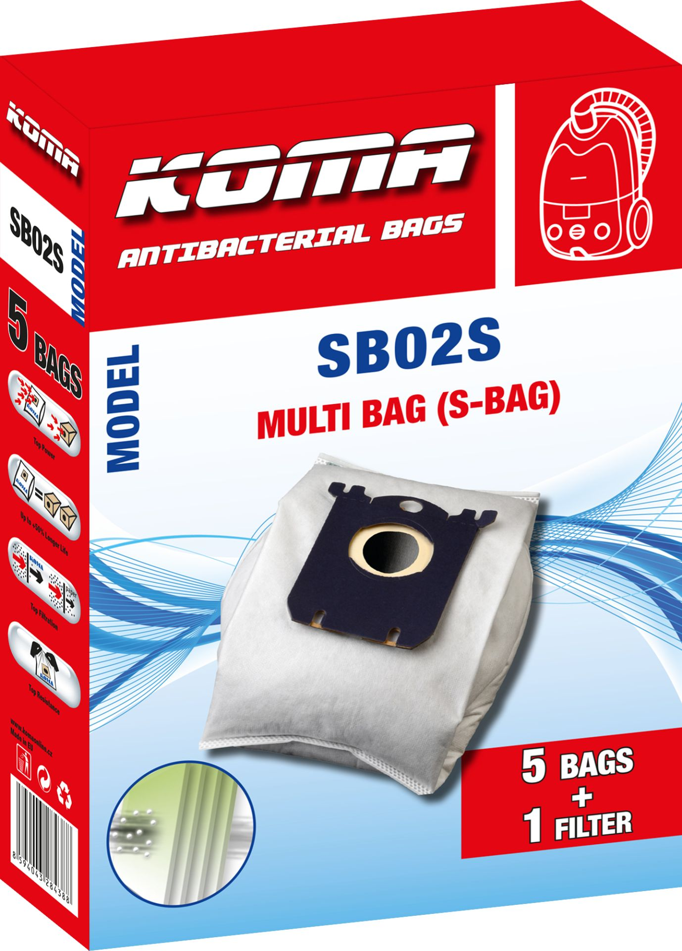 Rote und weiße Box mit 'KOMA' und 'SB02S'. Zeigt Staubsaugerbeutel und Filter.