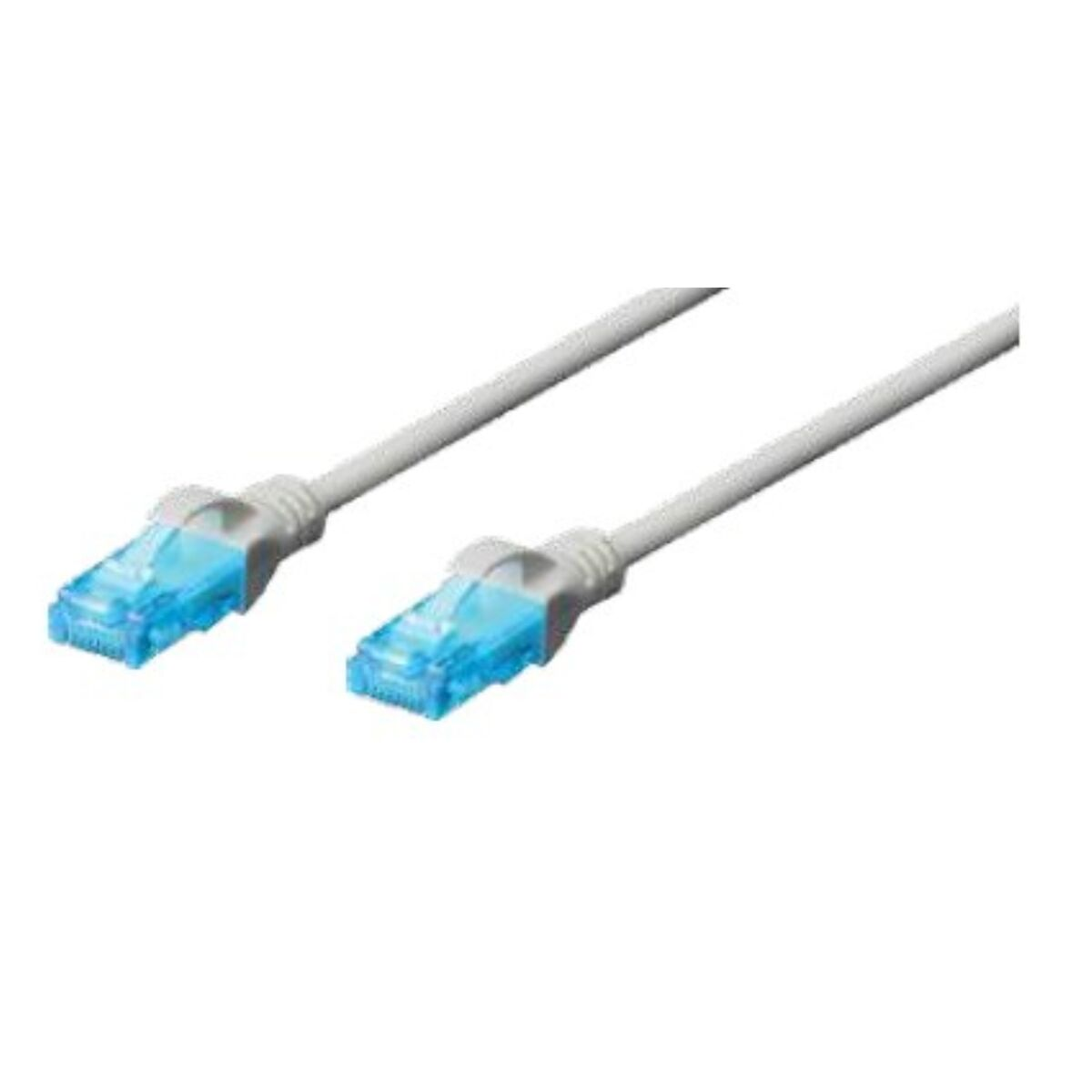 Cavo di rete bianco con connettori blu. Il cavo è dritto e ha connettori su entrambe le estremità.