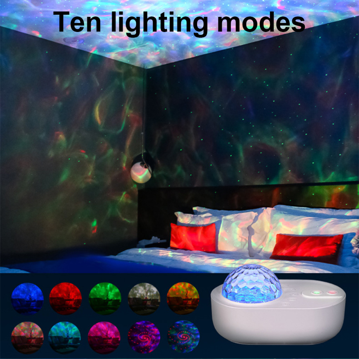 Schlafzimmer mit einem Lichtprojektor und bunten Lichtmustern an der Decke.