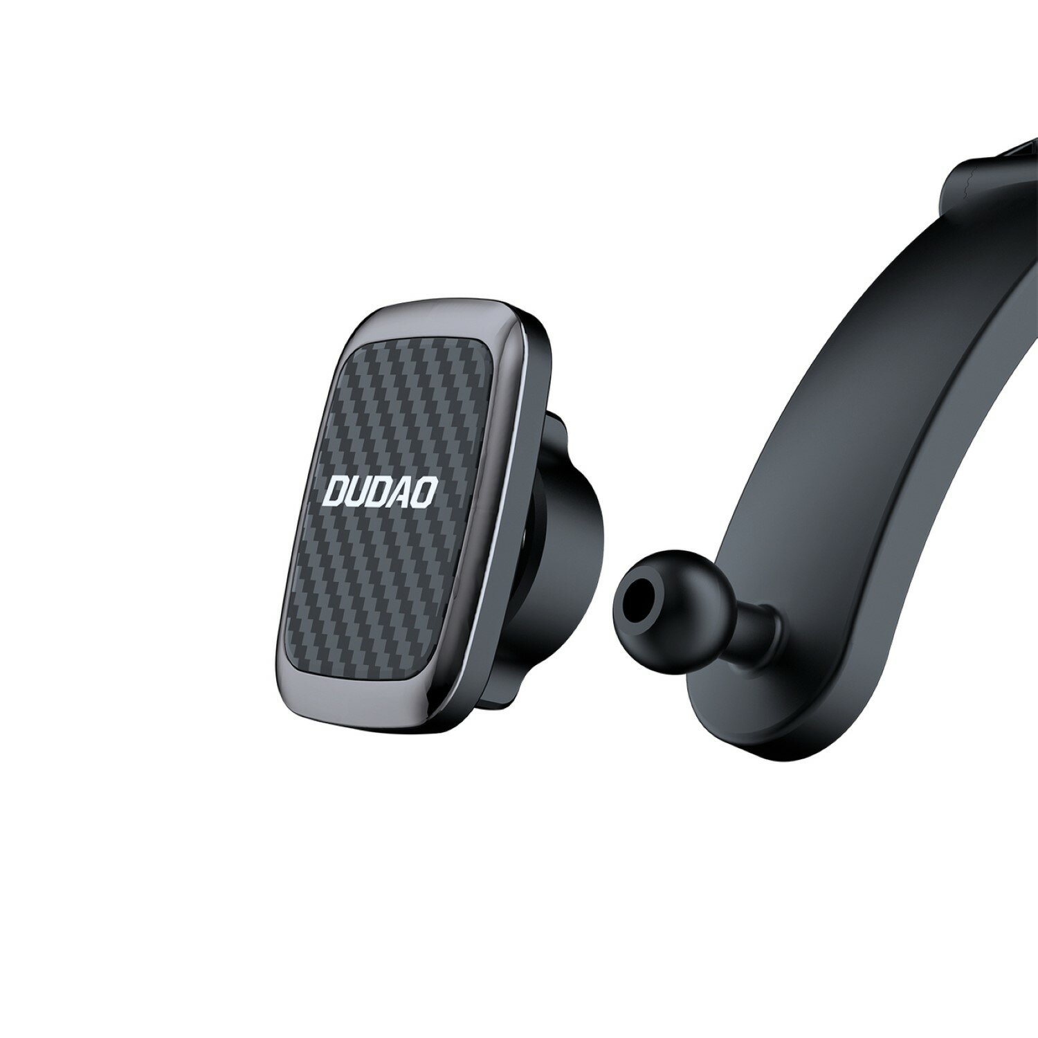 DUDAO Autotelefonhalterung. Schwarz und Silber. Kohlefaserstruktur. Weißer Hintergrund.