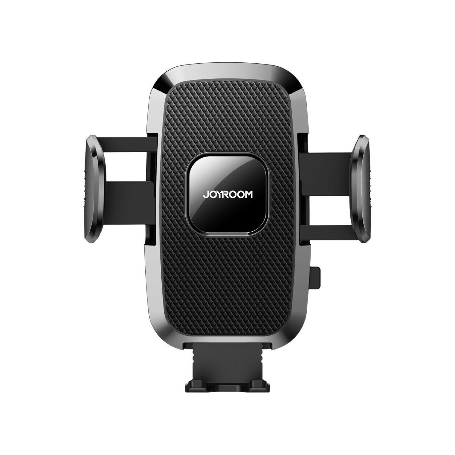 Czarny i srebrny uchwyt samochodowy na telefon. Ma regulowane ramiona i logo Joyroom z przodu.