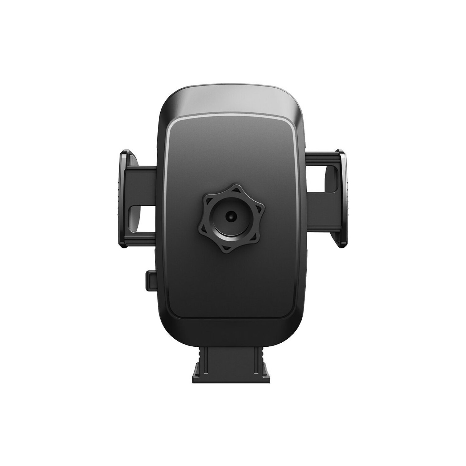 Czarny uchwyt na telefon. Uchwyt jest czarny i ma pokrętło regulacji w kształcie gwiazdy.