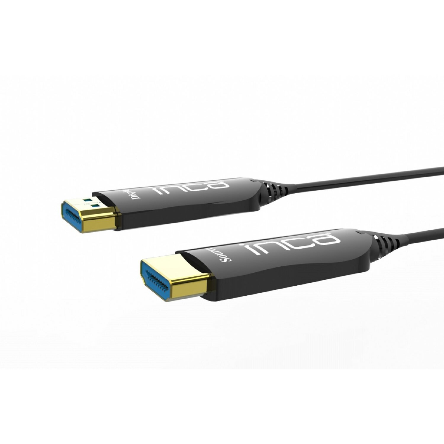 Zwei schwarze HDMI-Kabel mit Goldsteckern auf weißem Hintergrund. Inca-Markenlogo.