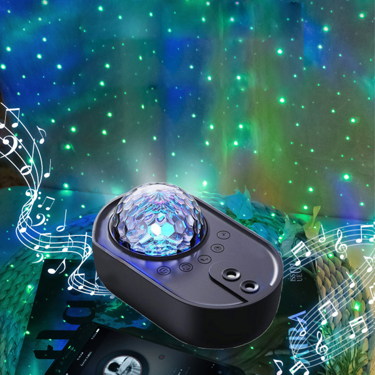 Ein schwarzer Lichtprojektor mit einer Discokugel, der farbenfrohes Licht projiziert.