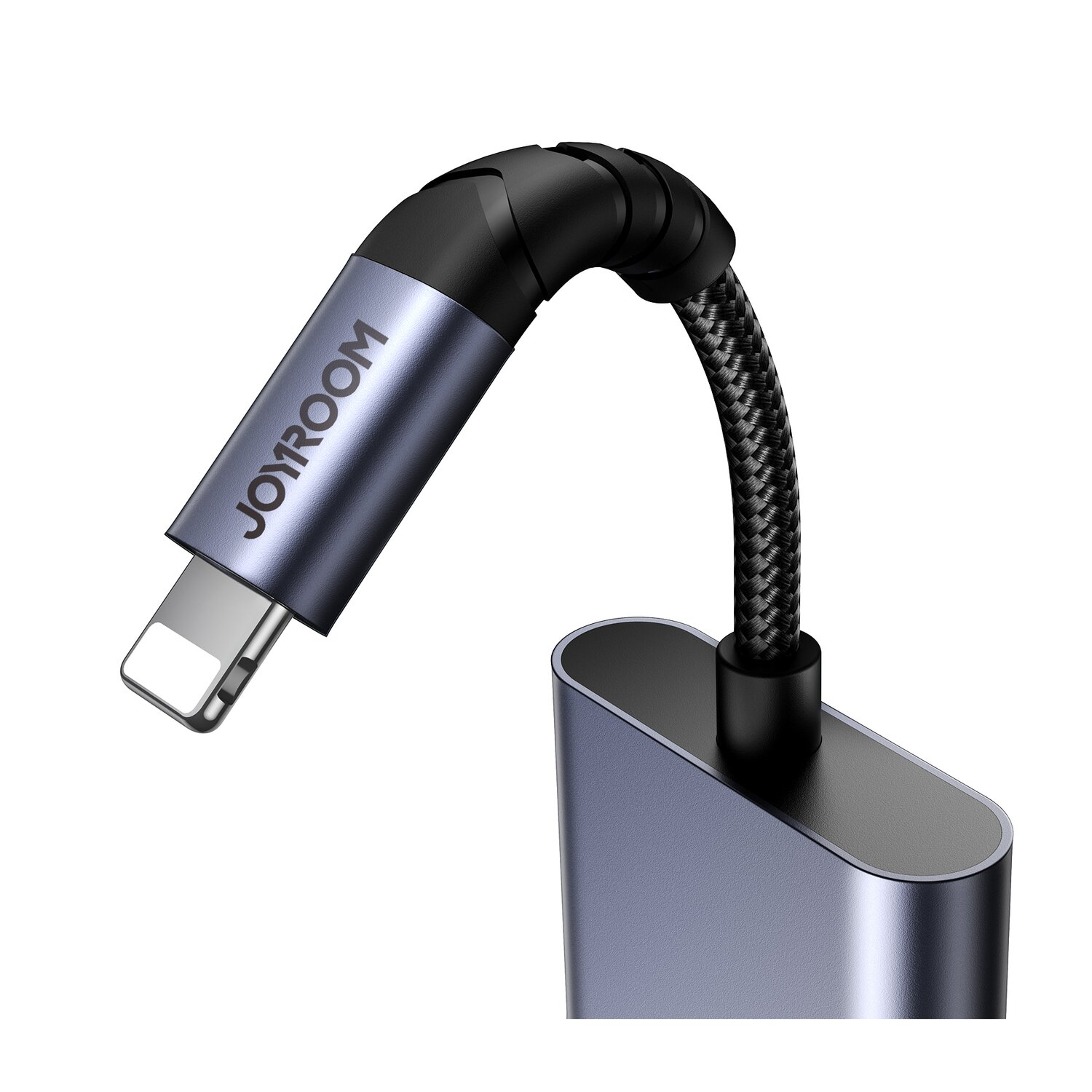 Un cavo di ricarica con due estremità. Una è un connettore Lightning e l'altra è una USB-C. Sfondo bianco.