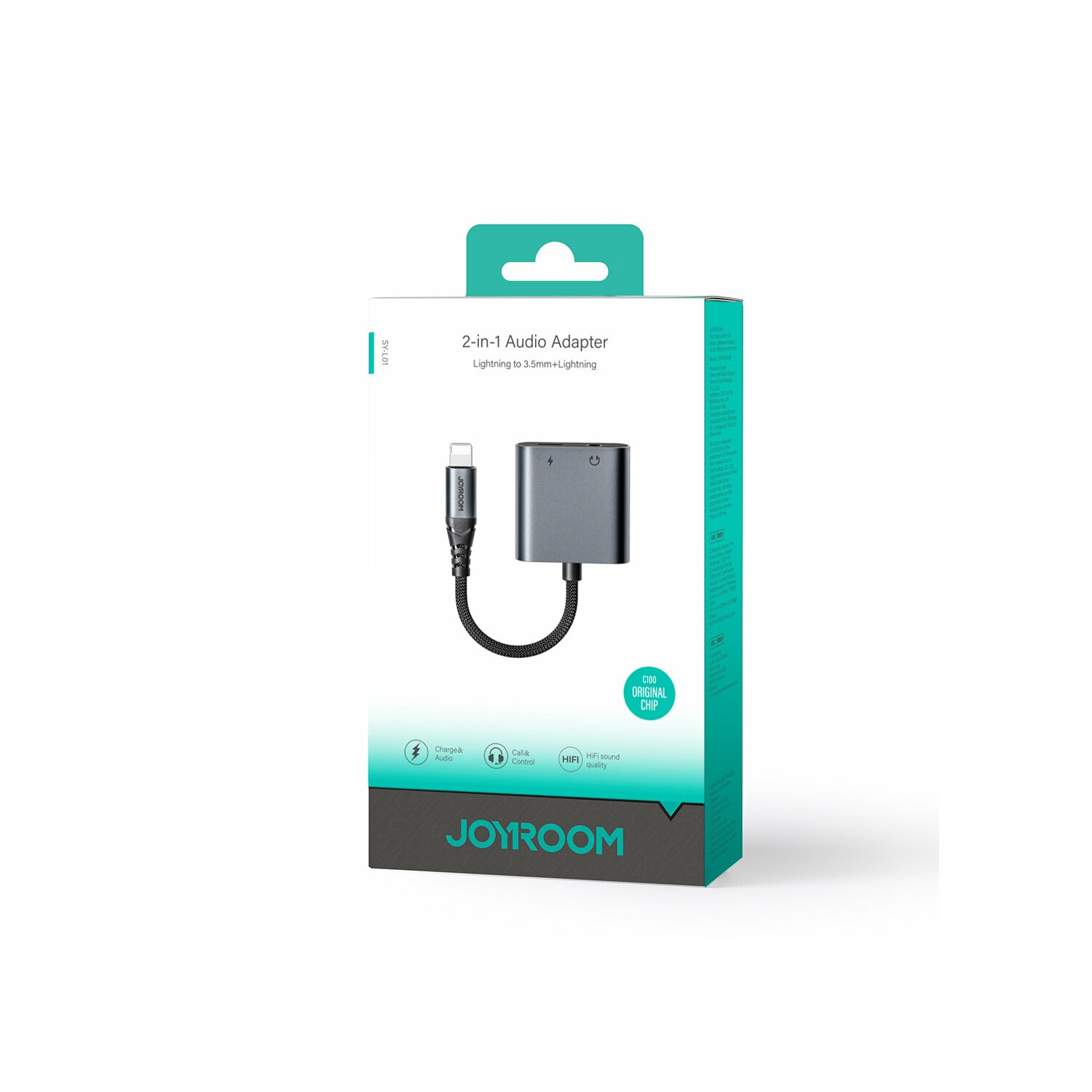 Adattatore audio 2-in-1 in scatola con connettore da Lightning a 3,5 mm e USB-C.