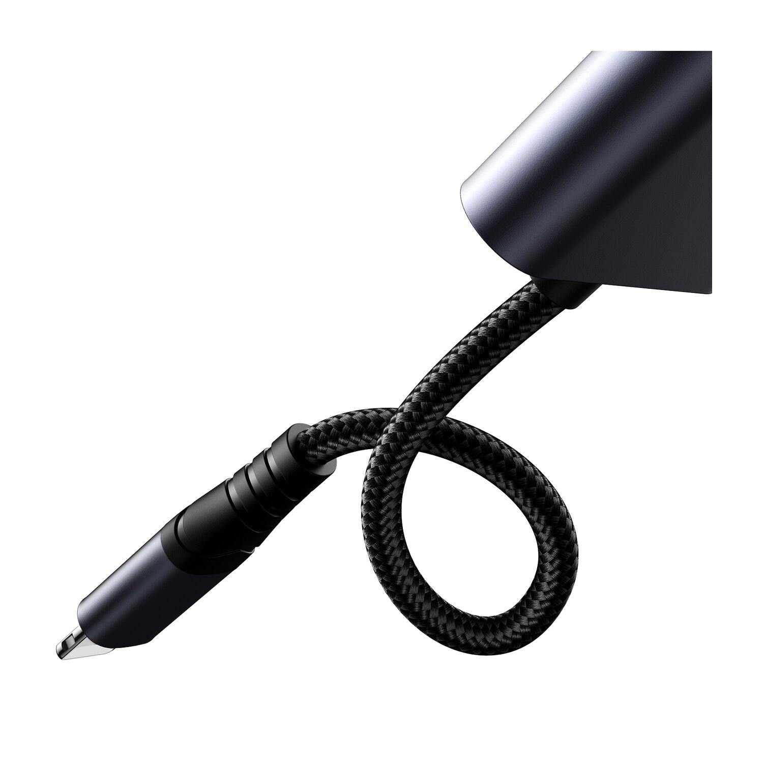 Un cavo USB-C a AUX intrecciato nero, con un connettore nero e una spina nera.