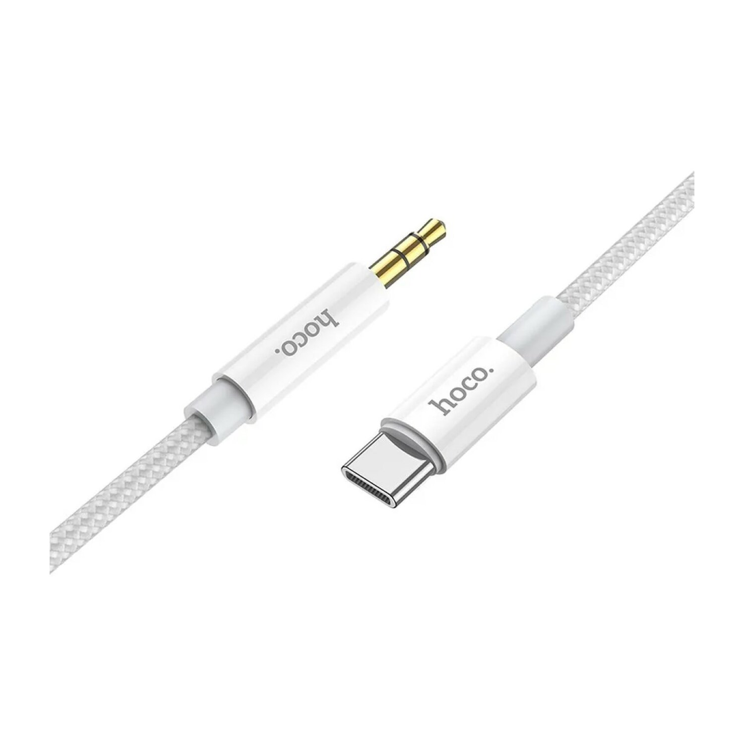 Beyaz ve gri hoco USB-C - 3,5 mm ses kablosu. Altın konektör. Beyaz zemin.
