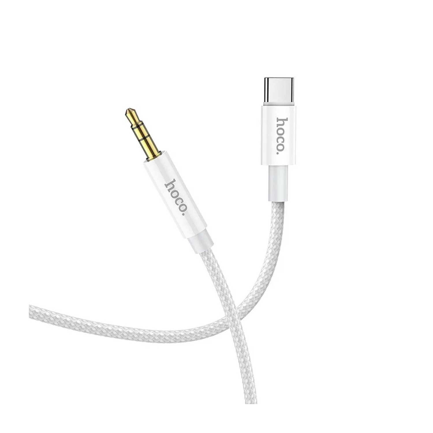 3,5 mm jak ve USB-C konektörlü beyaz bir kablo.