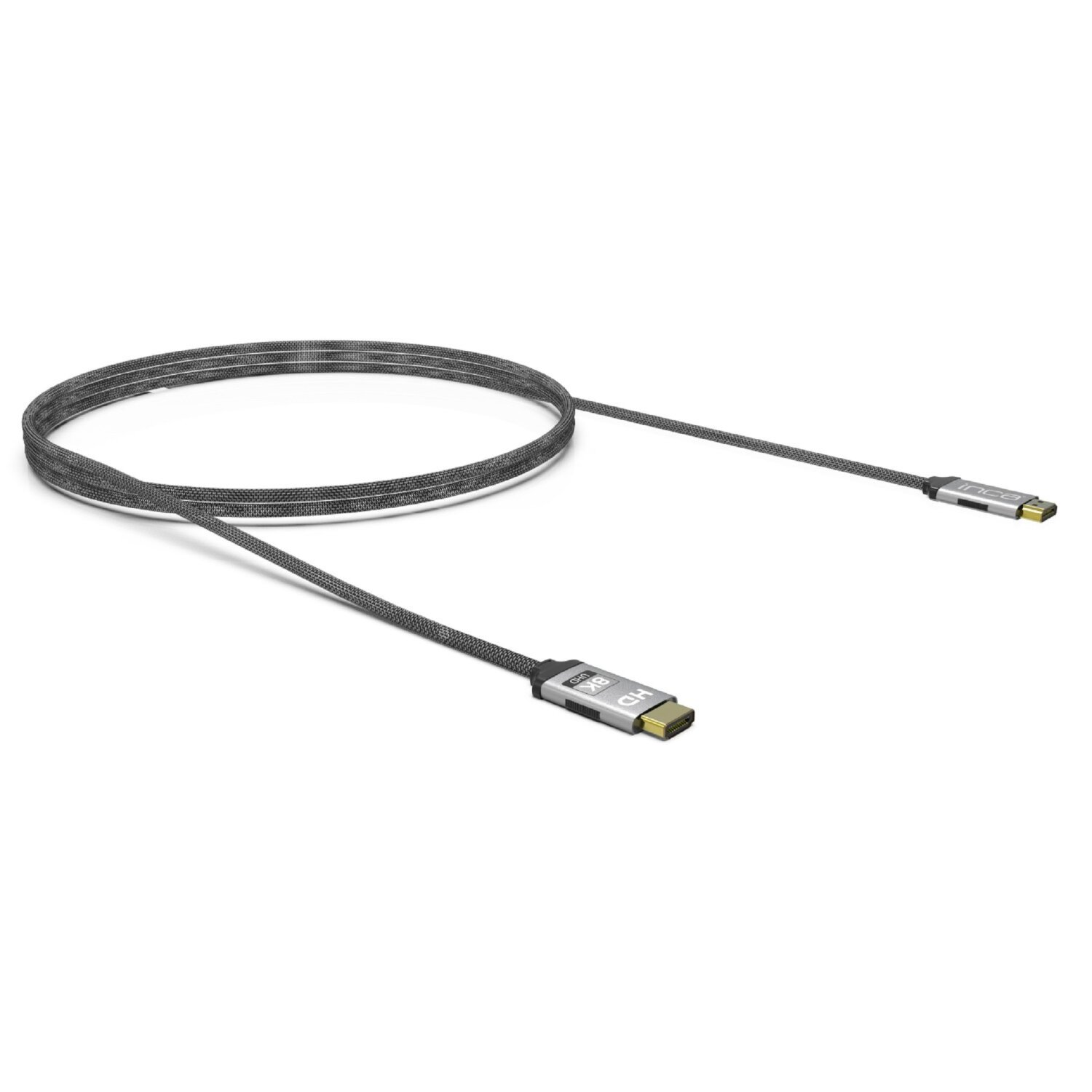 Ein gewendeltes graues HDMI-Kabel mit silbernen Steckern. Text: 8K HD.