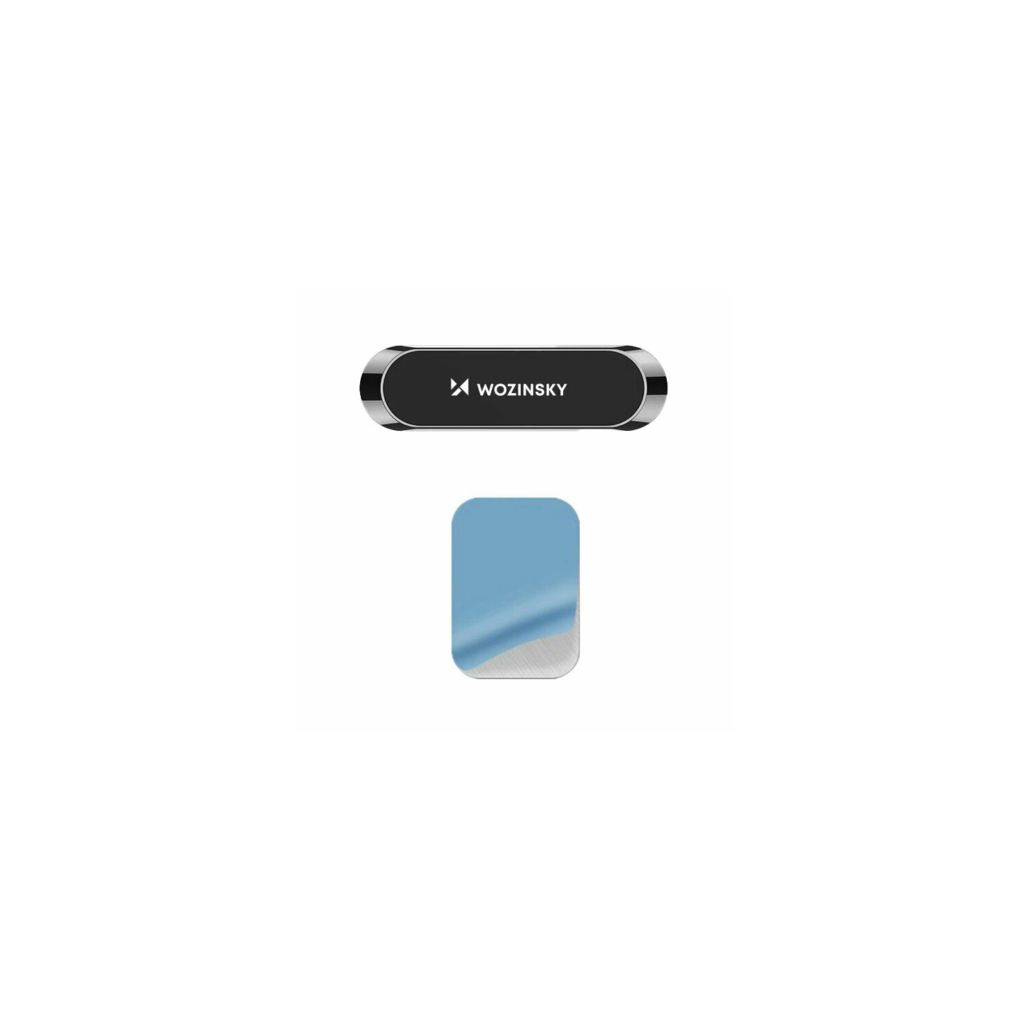 Magnetyczny uchwyt samochodowy z mocowaniem do telefonu i niebieską podkładką samoprzylepną, na białym tle.