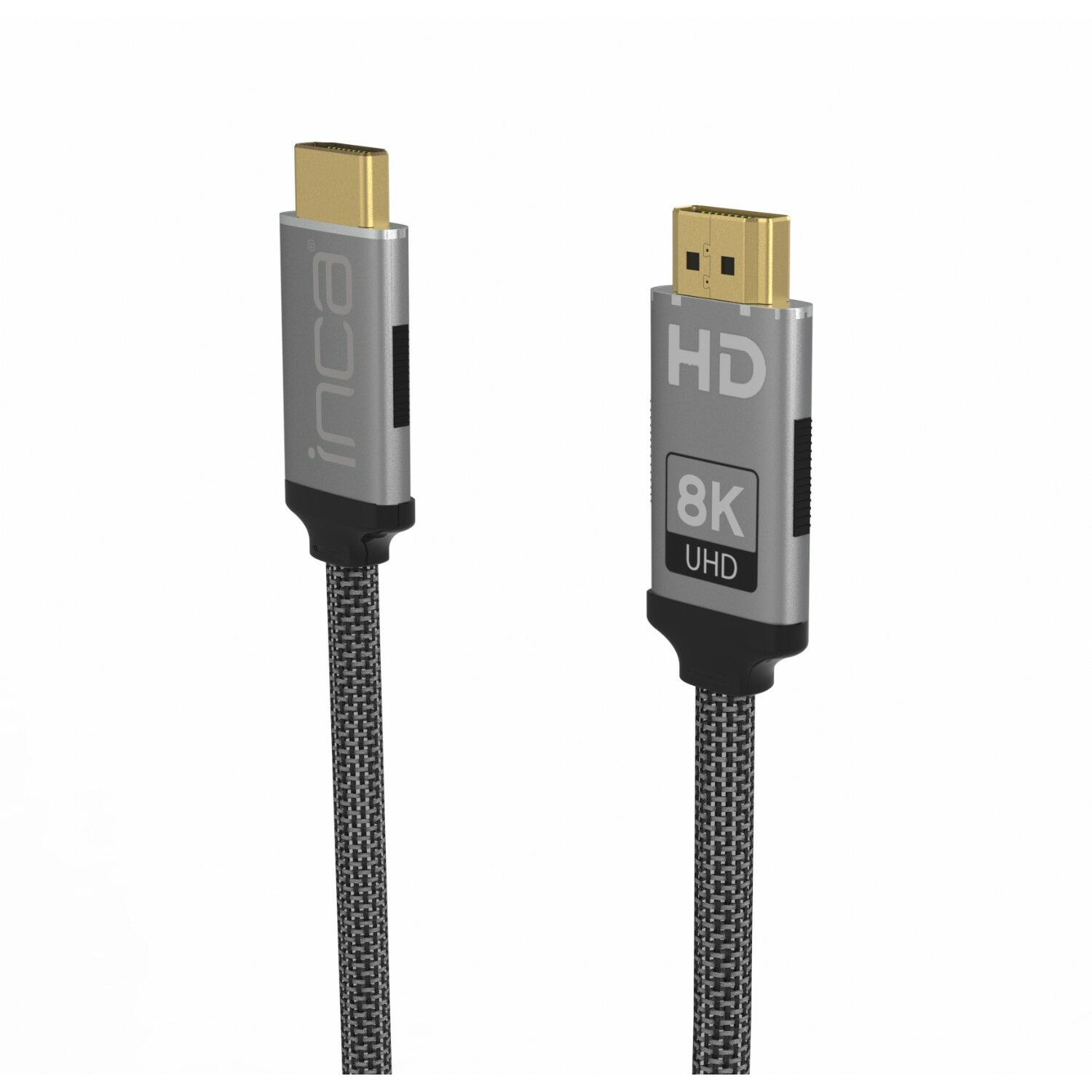 Zwei HDMI-Kabel, silberne Anschlüsse, schwarze Kabel. Eines mit '8K UHD', das andere 'inca'.