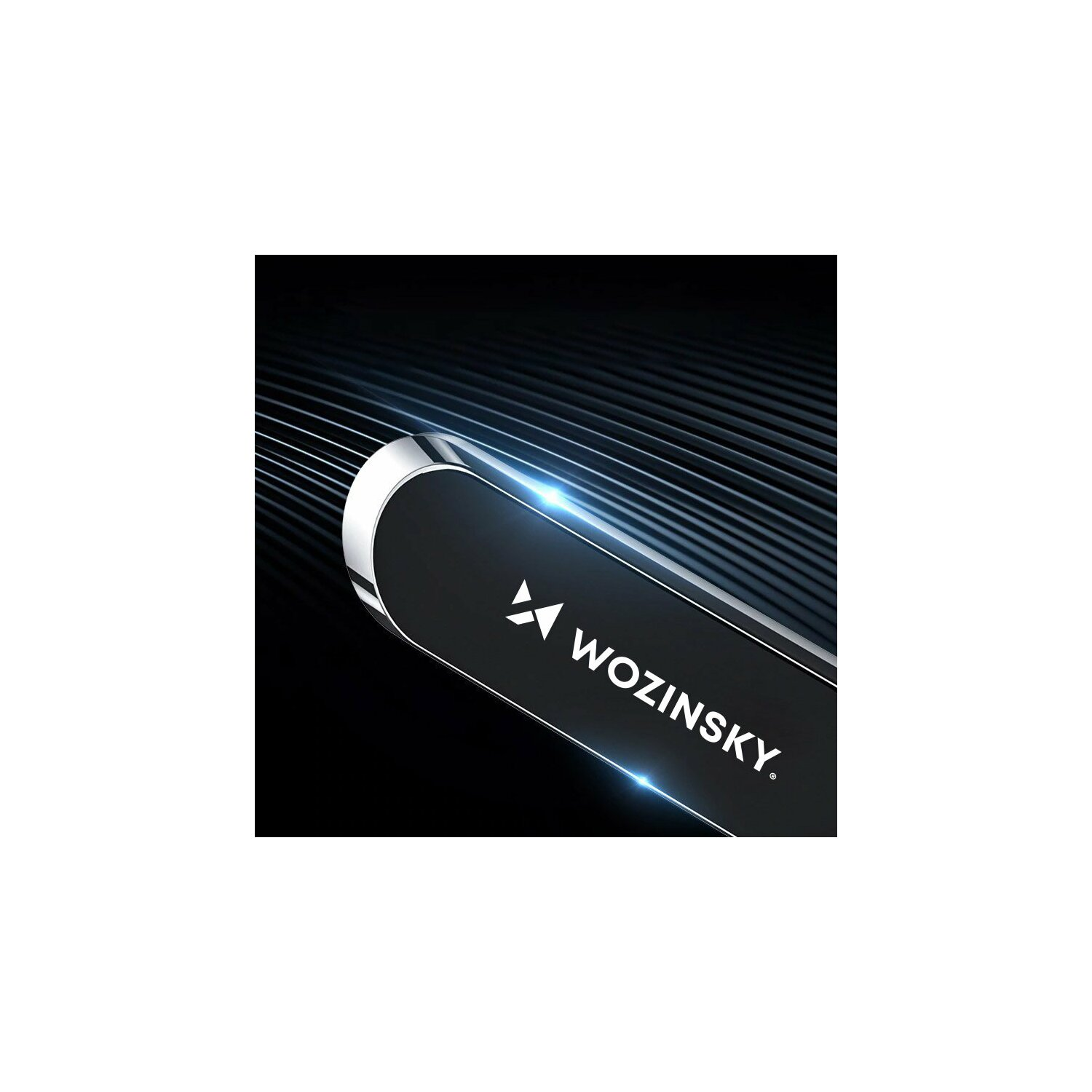 Czarny uchwyt do telefonu z czarnym logo. Tło jest czarne z niebieskimi liniami.