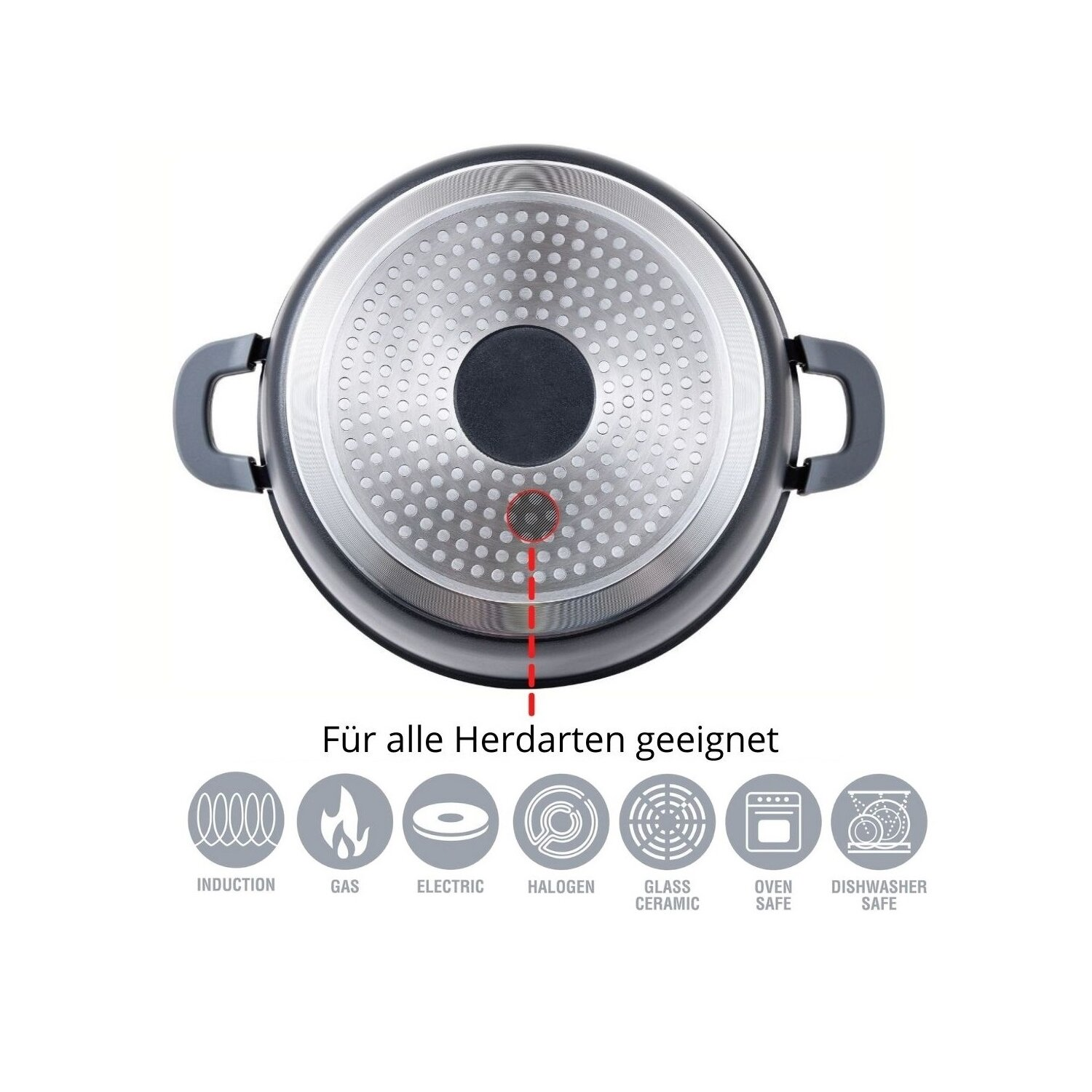 Der Boden eines Kochtopfs mit rotem Punkt und Symbolen für Induktion, Gas, Elektro, Ofen und Geschirrspüler.