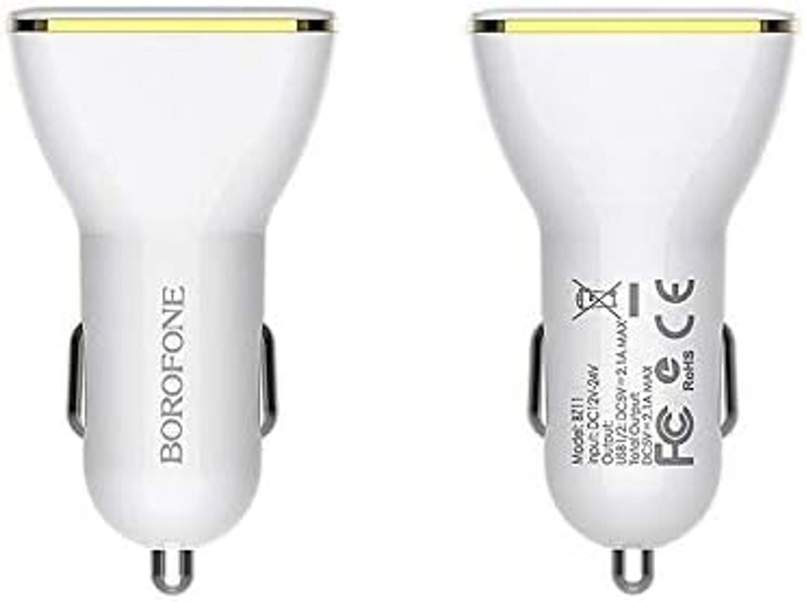 Due caricabatterie per auto bianchi. Hanno porte USB e sono etichettati con il marchio Borofone.