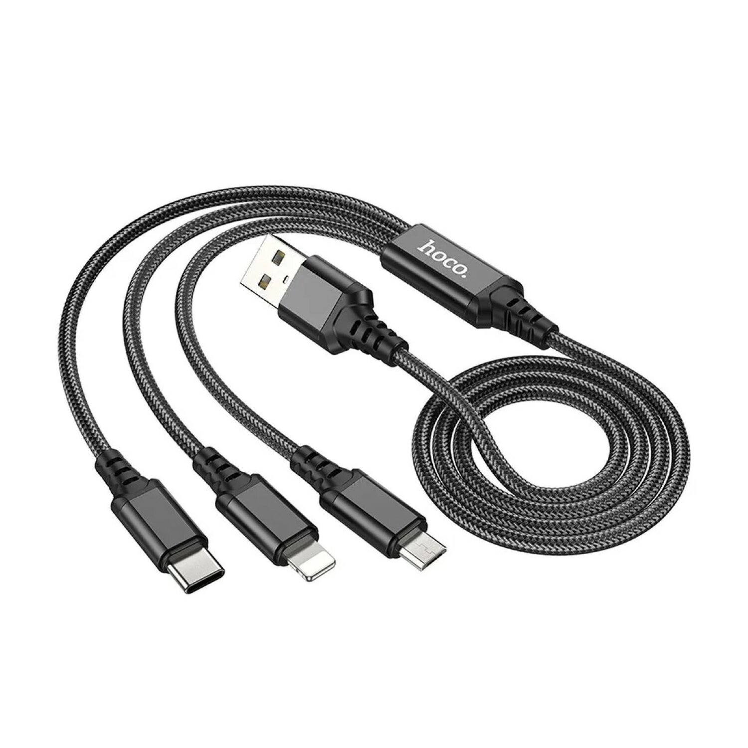 Schwarzes Multikabel mit USB und verschiedenen Ladeanschlüssen.