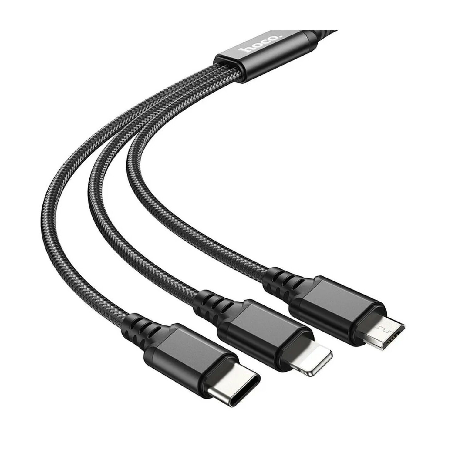 Dreifaches USB-Ladekabel, schwarz geflochten. Drei verschiedene Anschlüsse: USB-C, Lightning, USB-C.