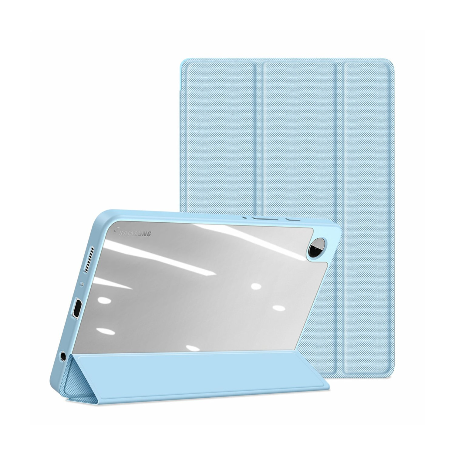 Hellblaues Tablet mit Hülle. Das Tablet hat einen spiegelartigen Bildschirm. Die Hülle ist ebenfalls hellblau.