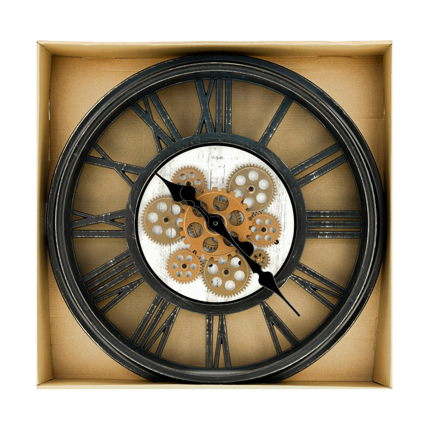 Uhr in einer Box, schwarzer Rahmen, römische Ziffern, Zahnräder in der Mitte.