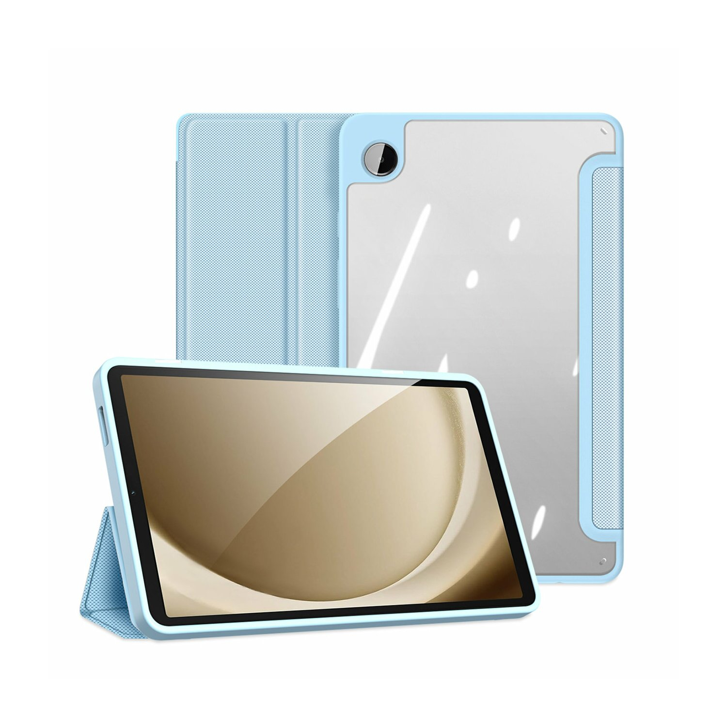Ein hellblaues Tablet-Case mit einem Tablet darin. Das Case kann zum Aufstellen gefaltet werden.