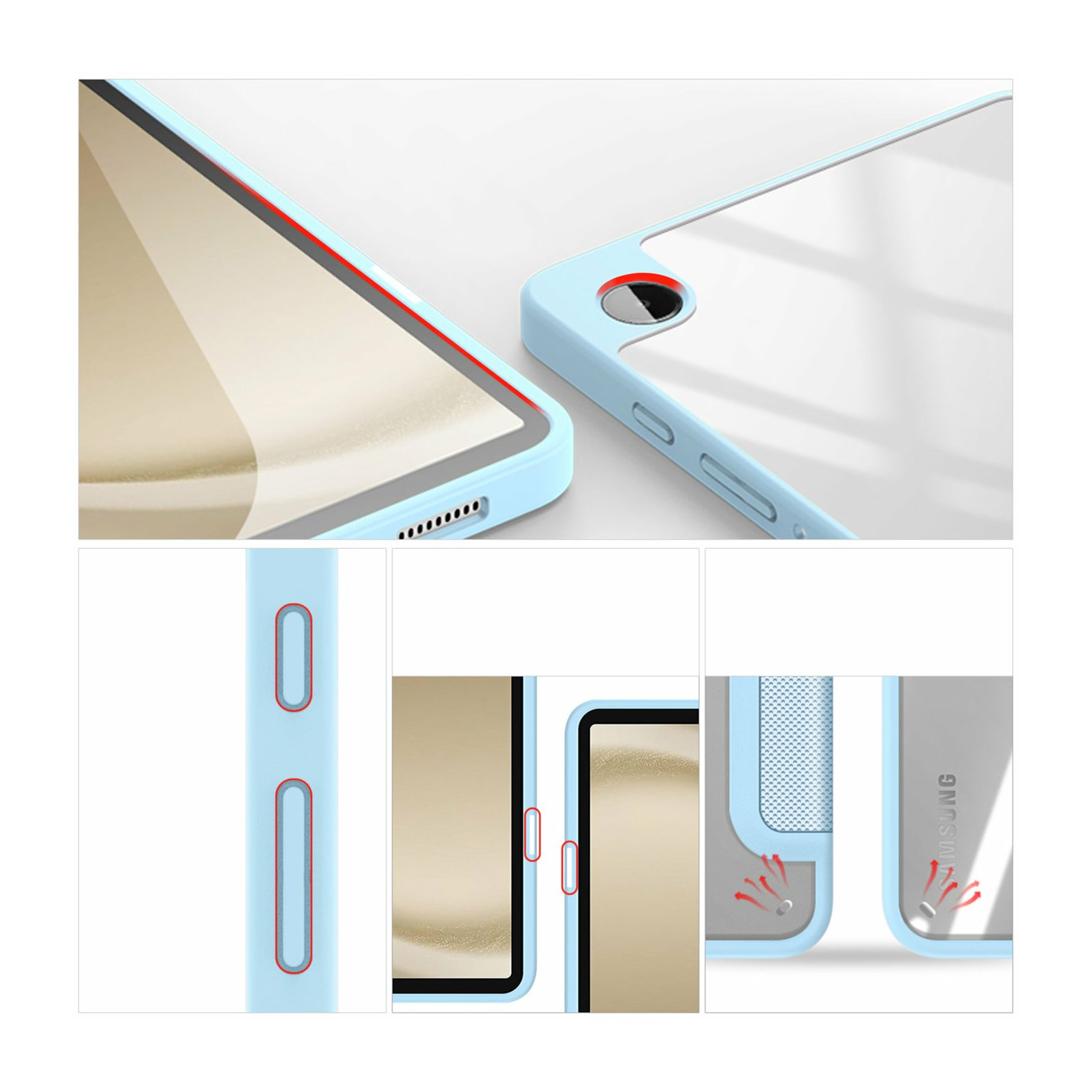 Eine blaue Tablethülle mit einem durchsichtigen Bildschirmschutz. Zeigt Nahaufnahmen der Kanten und Knöpfe der Hülle.