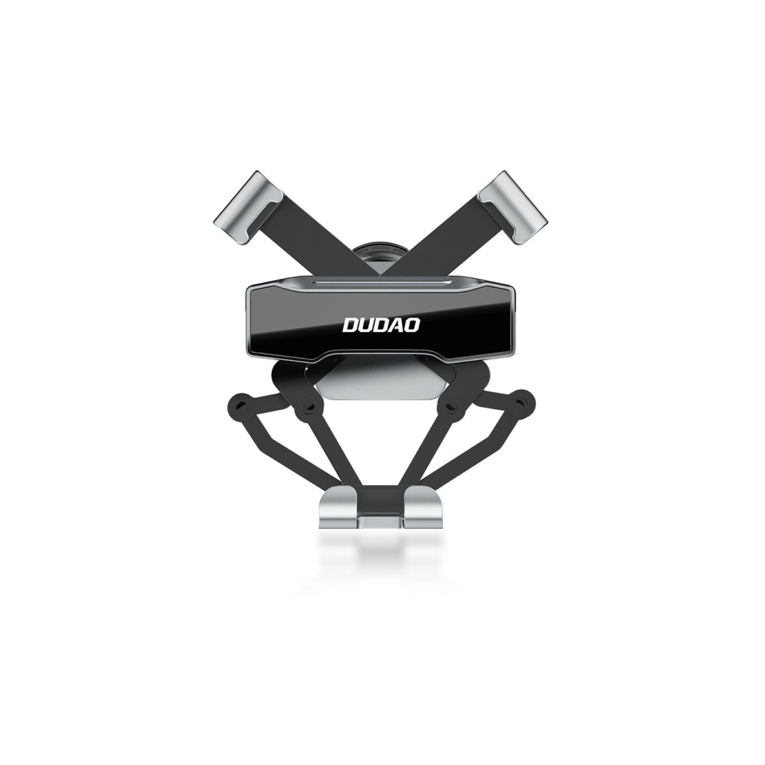 Czarny i srebrny uchwyt na telefon ze słowem DUDO. Białe tło.