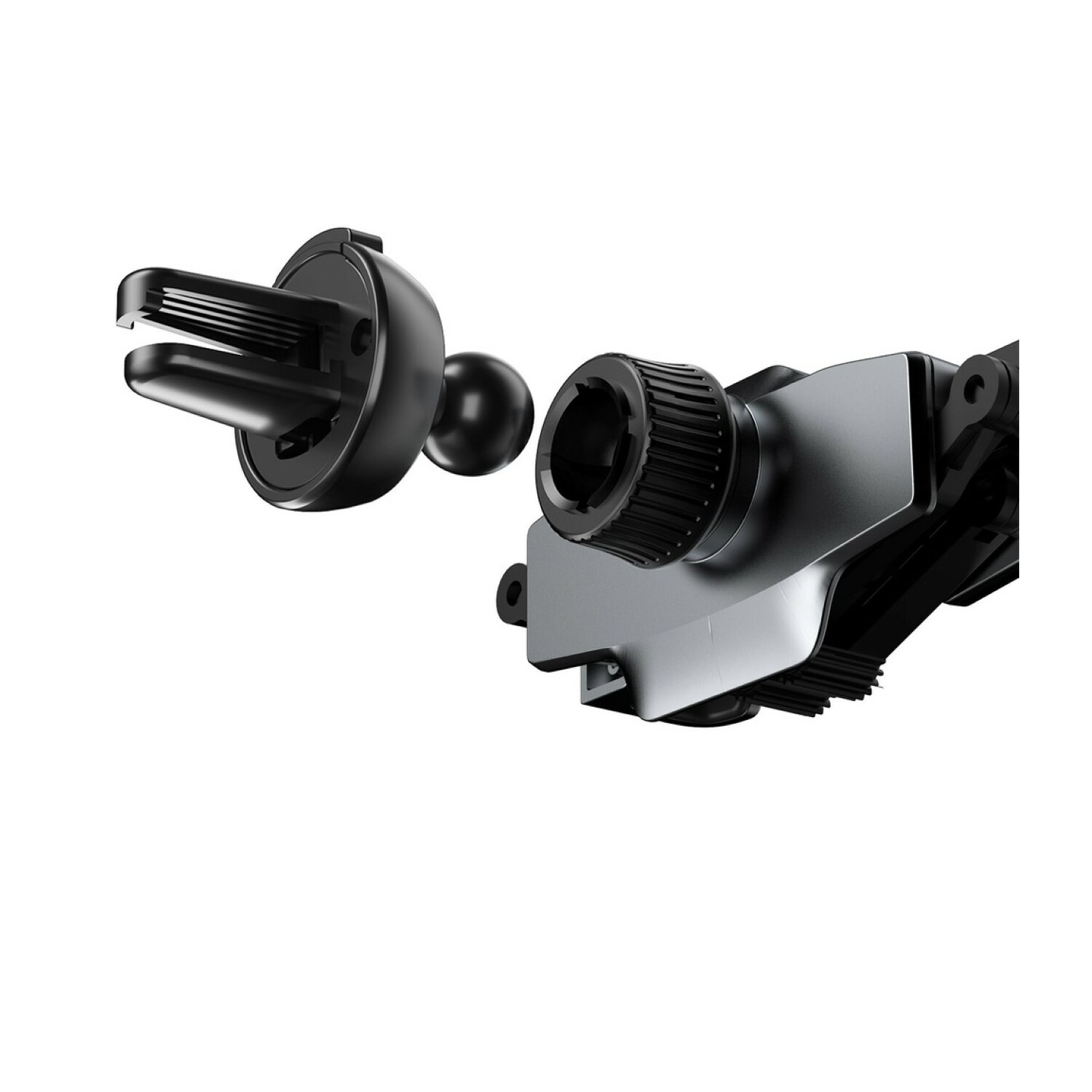 Czarny uchwyt samochodowy na telefon z przegubem kulowym i klipsem wentylacyjnym, odłączony, na białym tle.