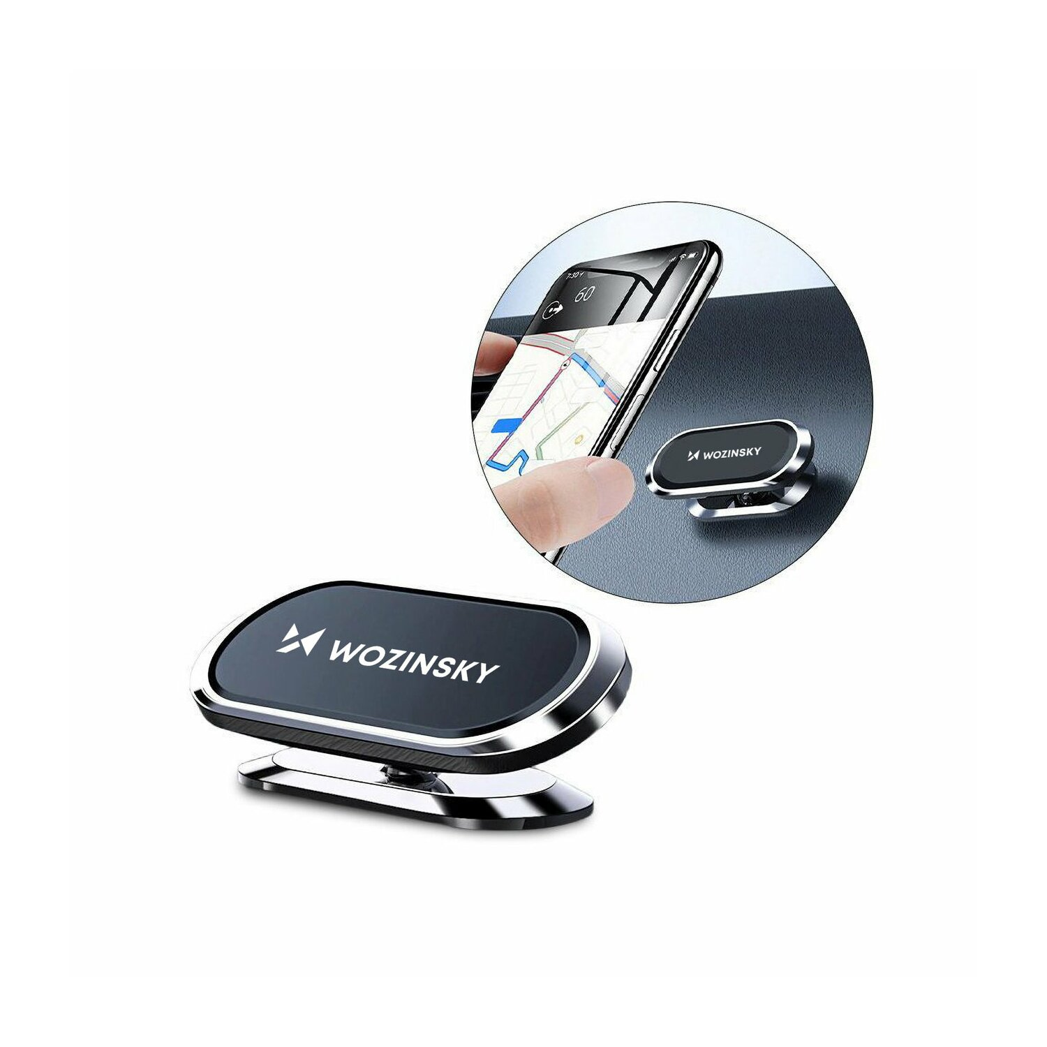 Uchwyt samochodowy na telefon z telefonem pokazującym aplikację nawigacyjną.