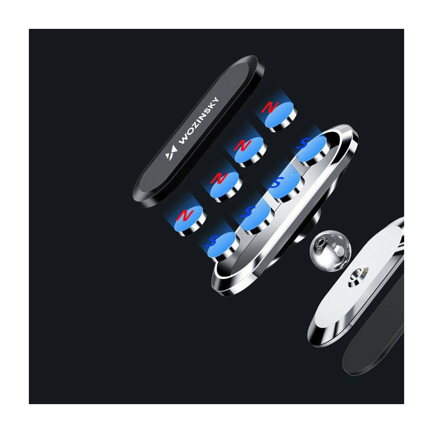 Magnetyczny uchwyt samochodowy na telefon z niebieskimi i czerwonymi magnesami. Czarne tło.