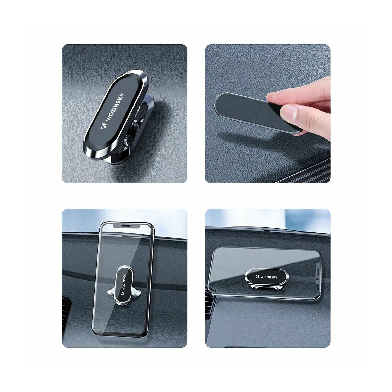 Uchwyty do telefonu w samochodzie. Wiele widoków magnetycznego uchwytu w użyciu.