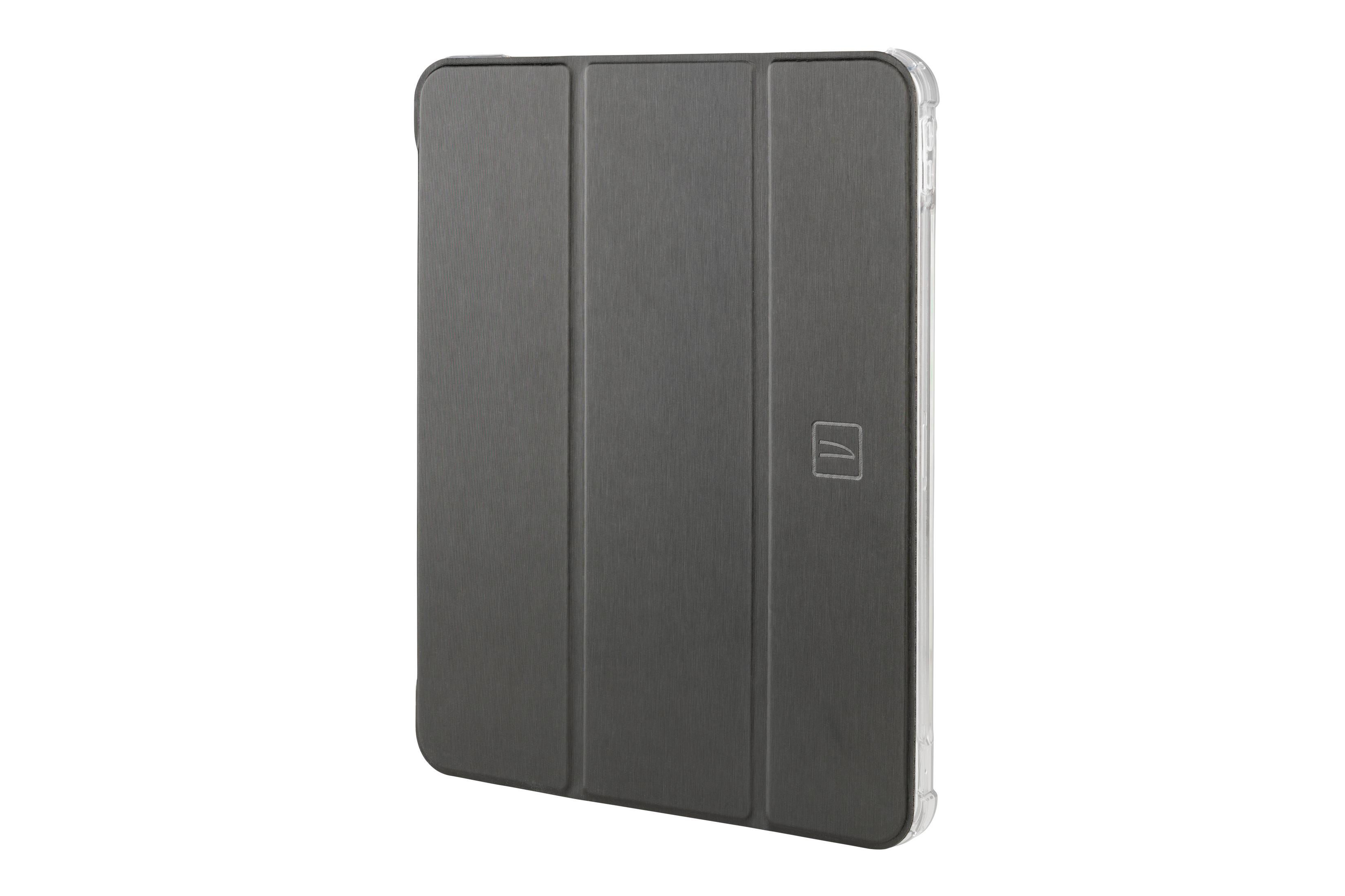 Custodia grigia per tablet con coperchio chiuso. Il logo del marchio è visibile sulla custodia.