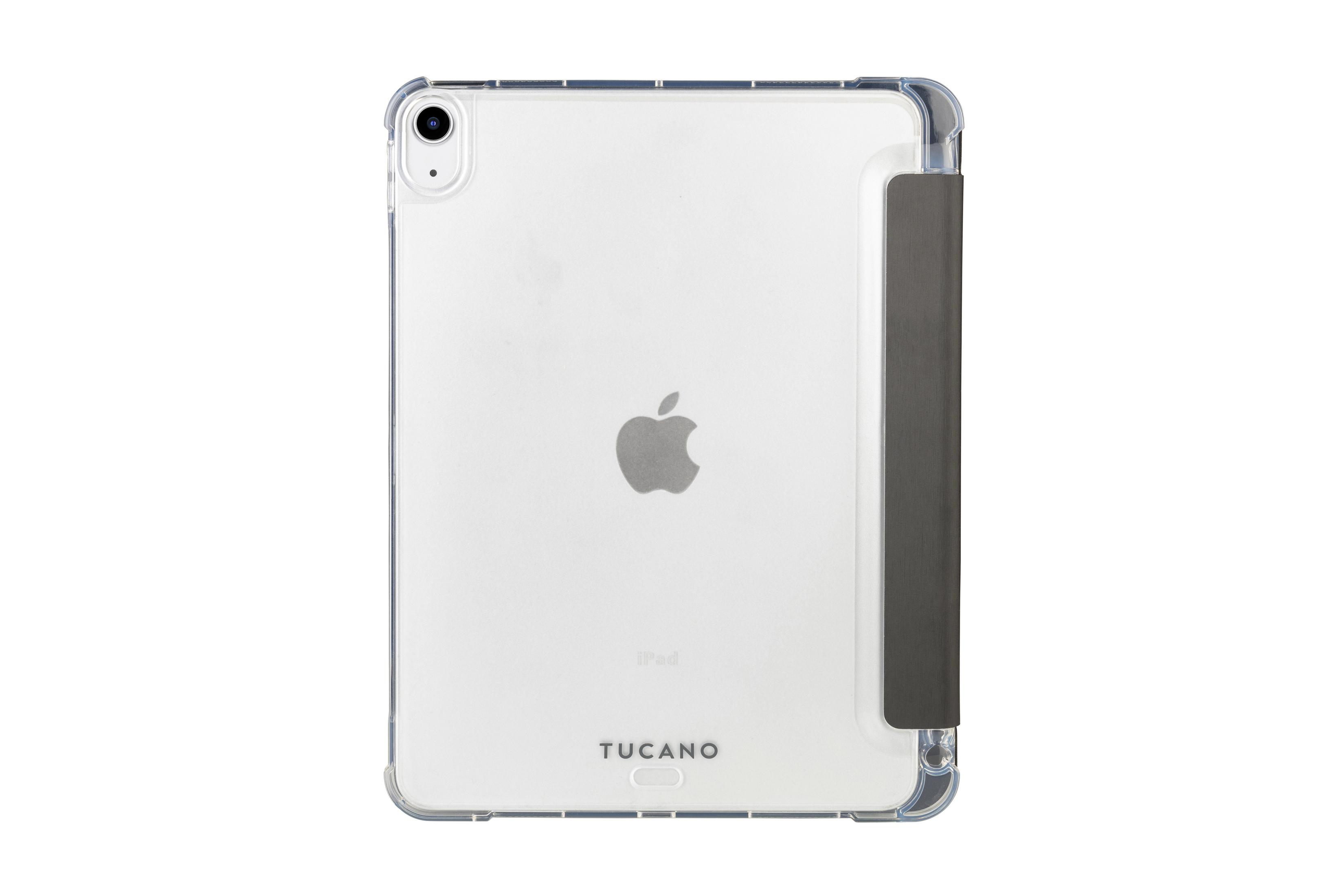 Un iPad con custodia posteriore trasparente e copertura grigio scuro. Logo Apple visibile.