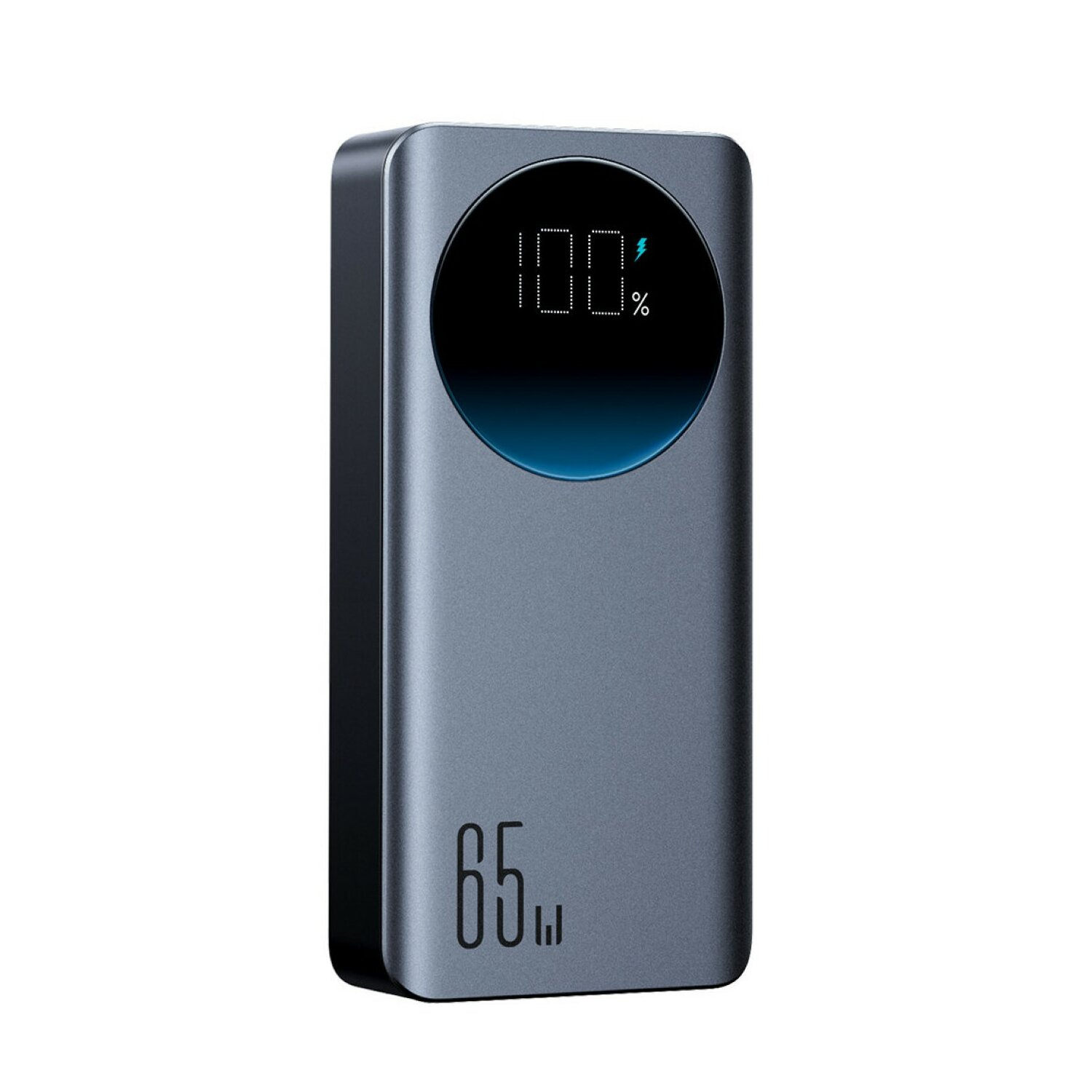 Szary power bank z ekranem pokazującym 100% naładowania.