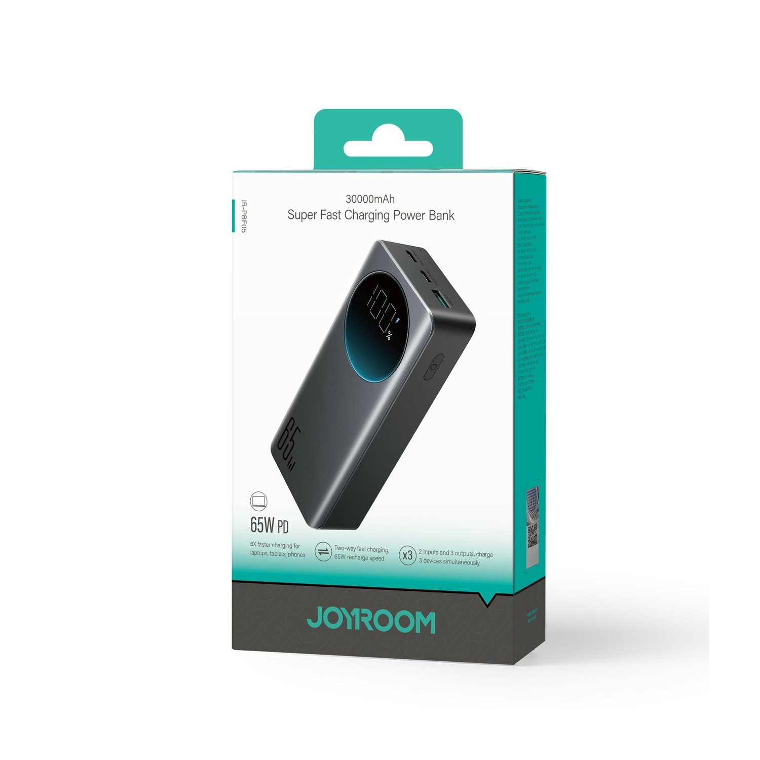 Czarne i szare pudełko power bank z wskaźnikiem ładowania. Zawiera słowa 'JOYROOM' i '65W PD'.