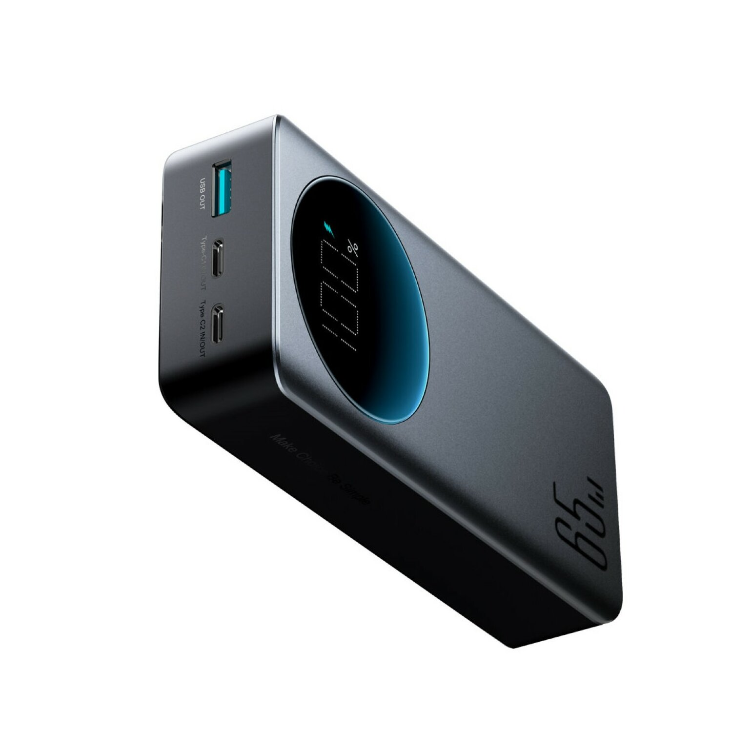 Srebrno-czarny power bank z wyświetlaczem i wieloma portami ładowania.