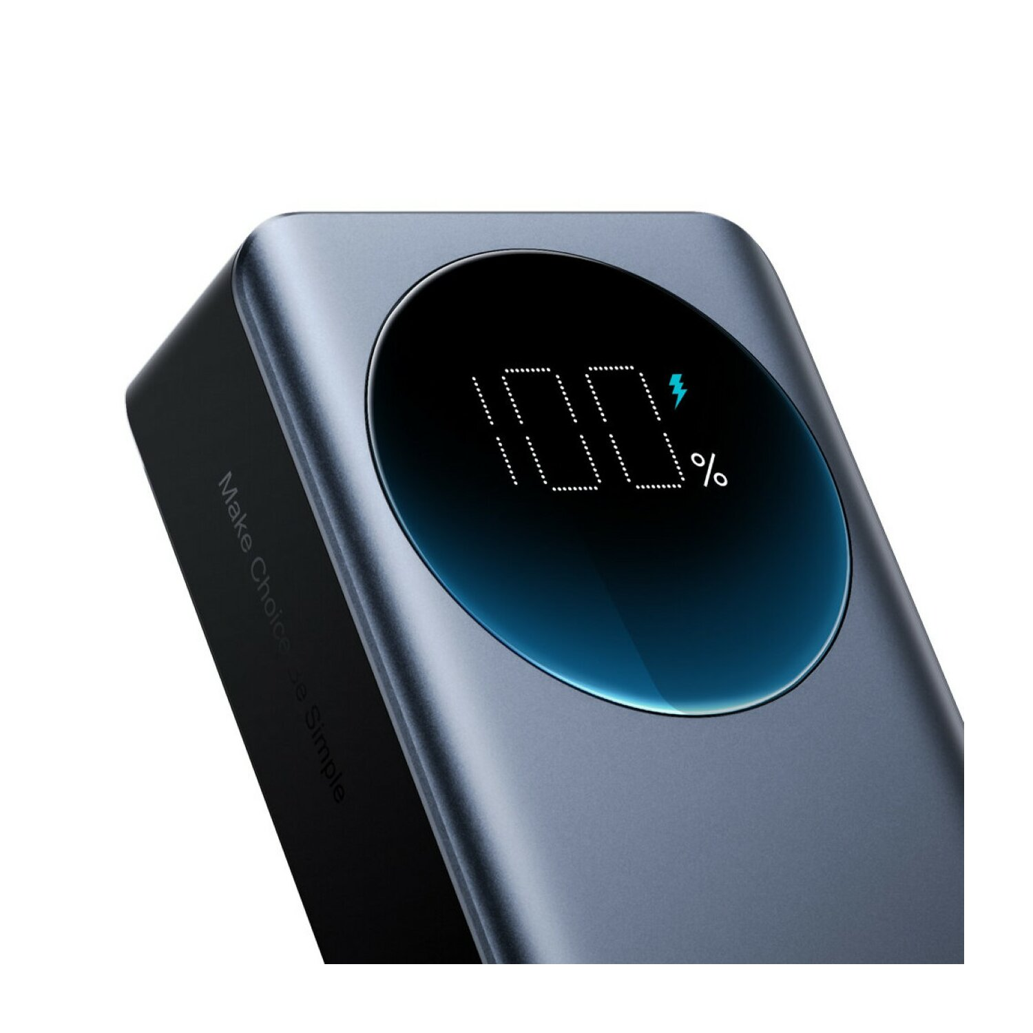 Czarny i niebieski power bank pokazujący 100% baterii. Zaokrąglony kształt z wyświetlaczem cyfrowym.