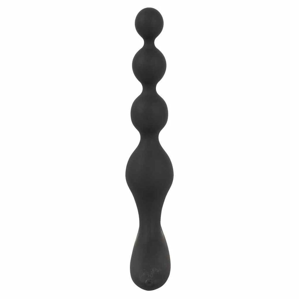 Ein schwarzes, längliches Sexspielzeug mit vier bauchigen Abschnitten.
