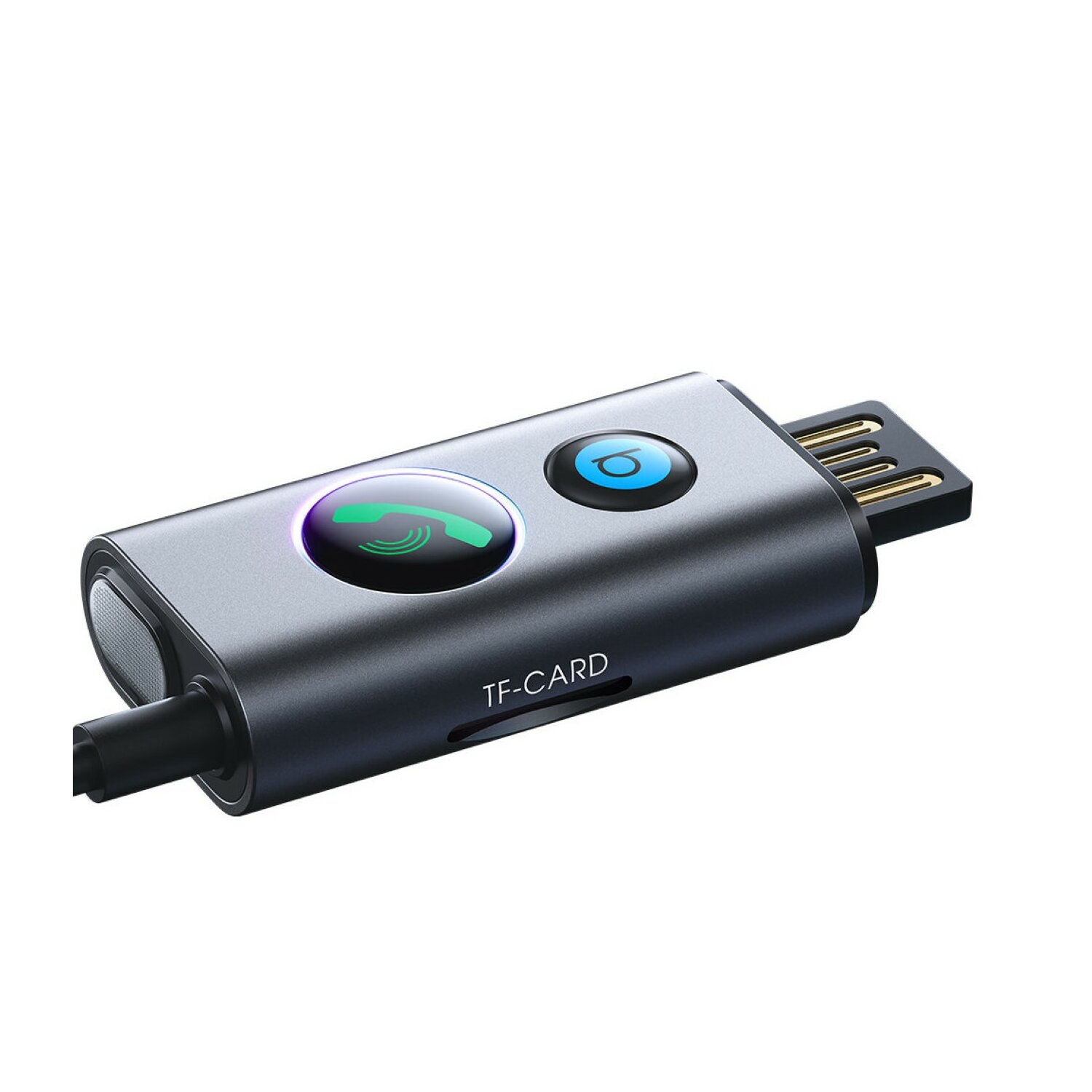 Grauer Bluetooth-Adapter mit Anruf- und Funktionstasten und TF-Kartenslot, isoliert auf Weiß.