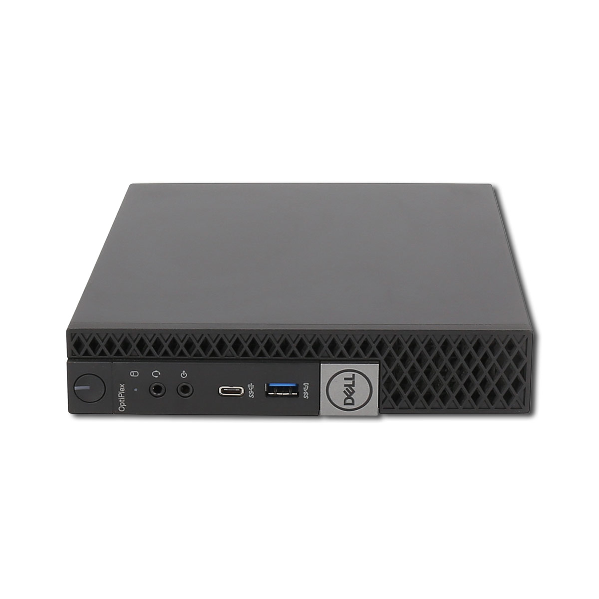 Un piccolo computer Dell OptiPlex nero. Ha porte e un pulsante di accensione sulla parte anteriore. Sfondo bianco.