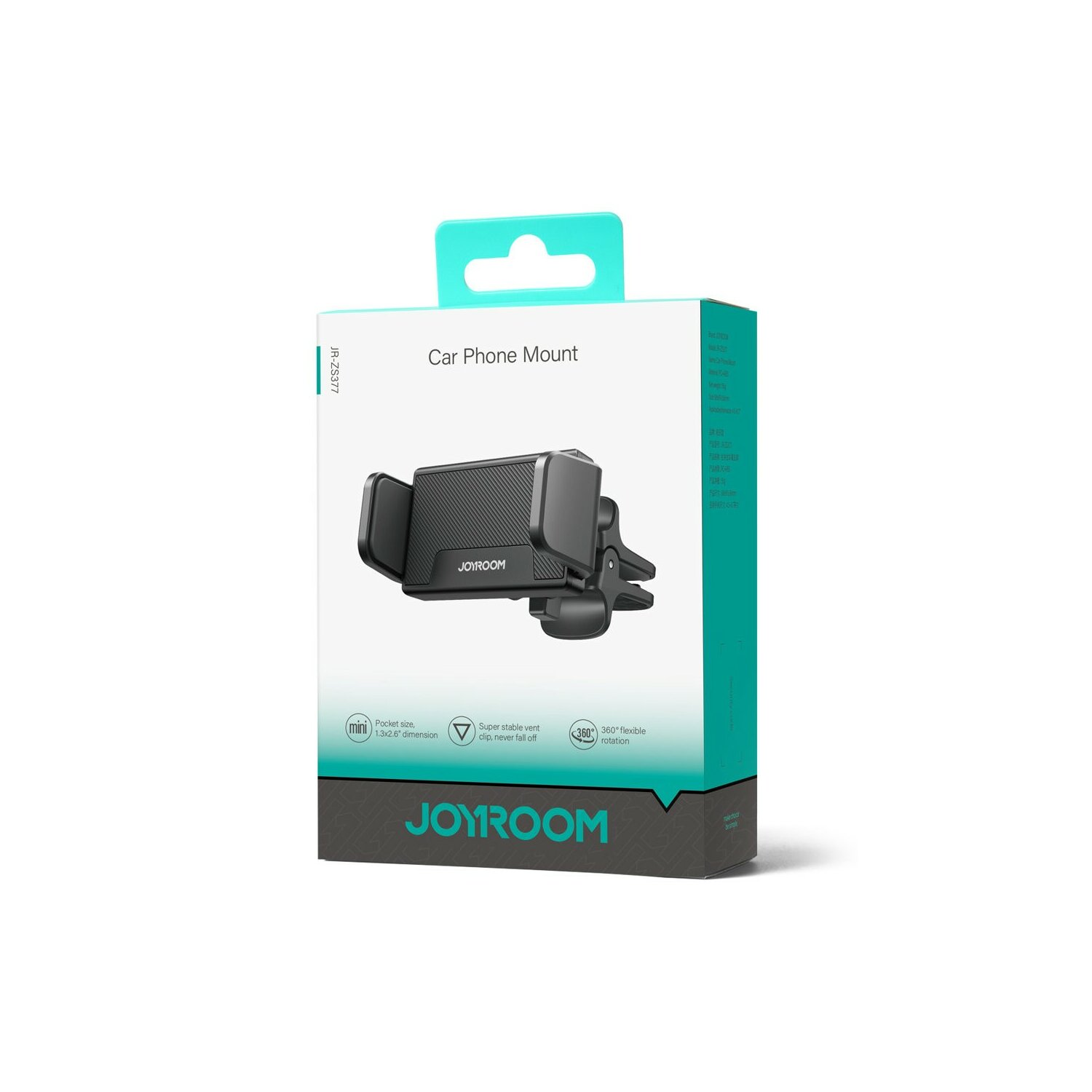 Pudełko uchwytu do telefonu samochodowego. Uchwyt jest czarny i ma napis JOYROOM.